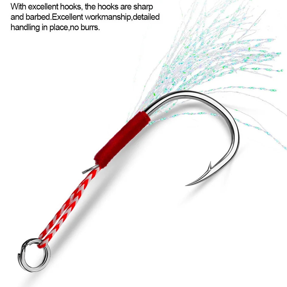 Fishing Hooks 11#-20# Assist Hooks Single Jig Fishhook With Thread Feather Luminous Barbed Hook Sea Hook For Fishing Lure
