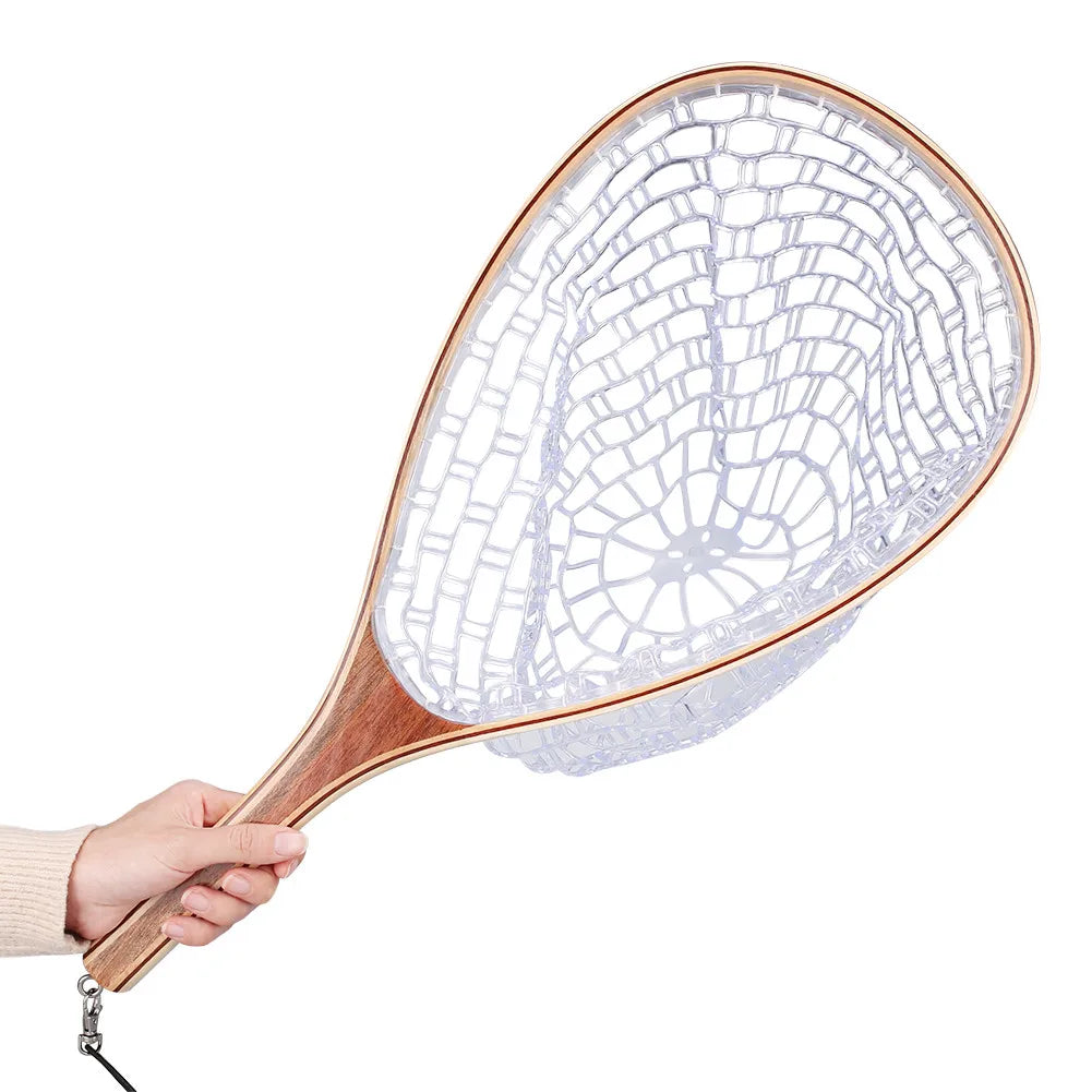Wooden Fly Fishing Hand Nets with Clear Rubber Trout Catch and Release Net with Curve Wood Handle Tenkara Net