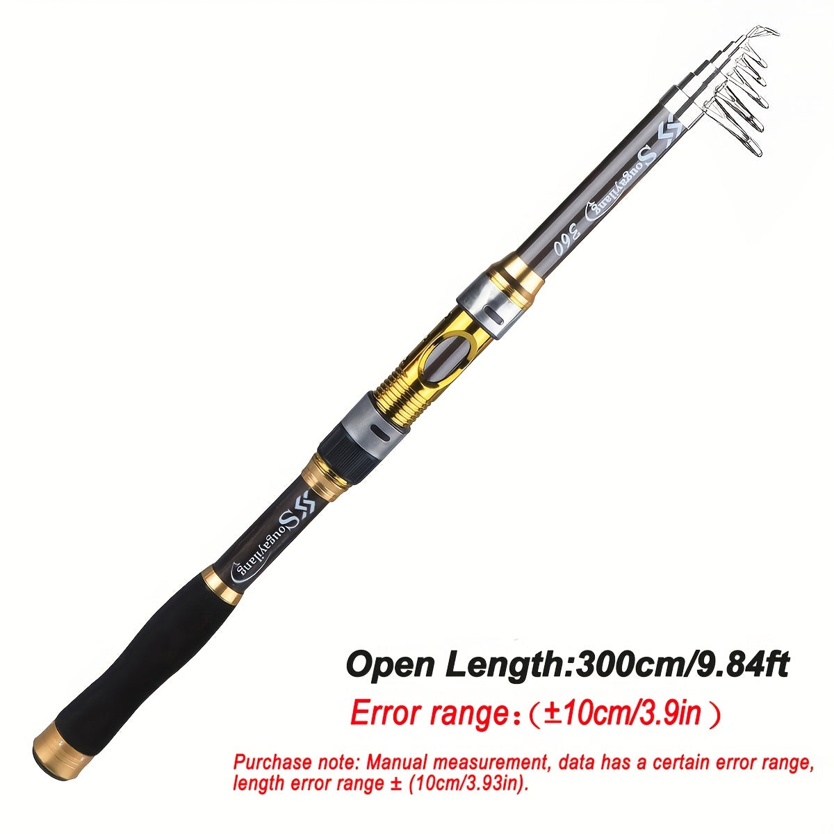 [Quality Construction] Sougayilang Ultralight Carbon Fiber Spinning Fishing Rod - Portable, Medium Action, 6.72-9.84ft Extendable Length, Black & Golden with Comfort Grip Handle - Ideal for All Anglers