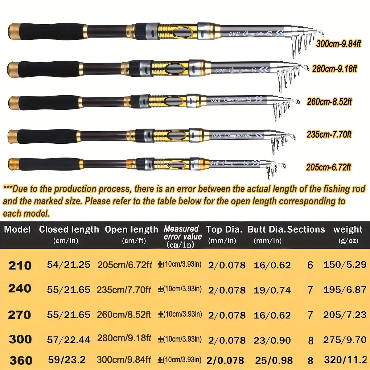 [Quality Construction] Sougayilang Ultralight Carbon Fiber Spinning Fishing Rod - Portable, Medium Action, 6.72-9.84ft Extendable Length, Black & Golden with Comfort Grip Handle - Ideal for All Anglers