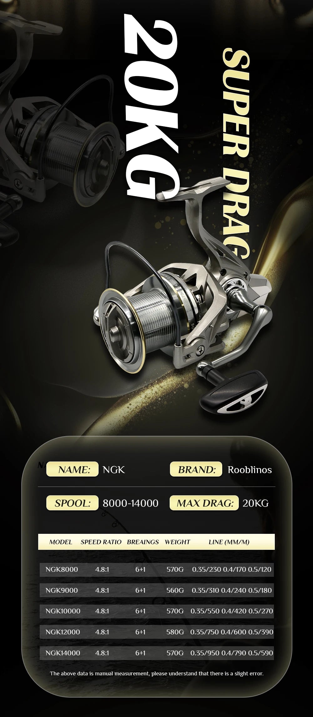 NGK Stainless Steel Bearing Spinning Fishing Reel 8000 9000 10000 12000 14000 25KG Powerful Reel Saltwater Fresh Water Drag