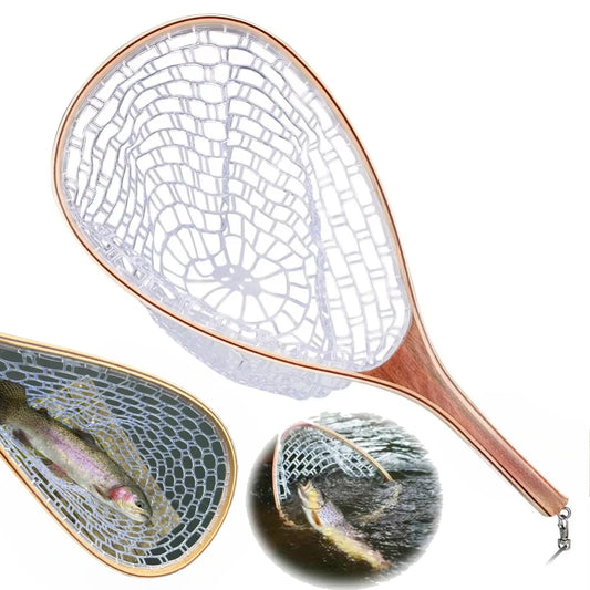 Wooden Fly Fishing Hand Nets with Clear Rubber Trout Catch and Release Net with Curve Wood Handle Tenkara Net