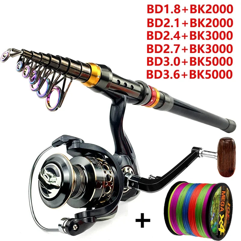 Spinning Fishing Rod and Reel Combo 1.8-3.6m Carbon Fiber Sea Pole and 5.2:1 Gear Ratio Metal Spool with Line Kits for Bass Carp