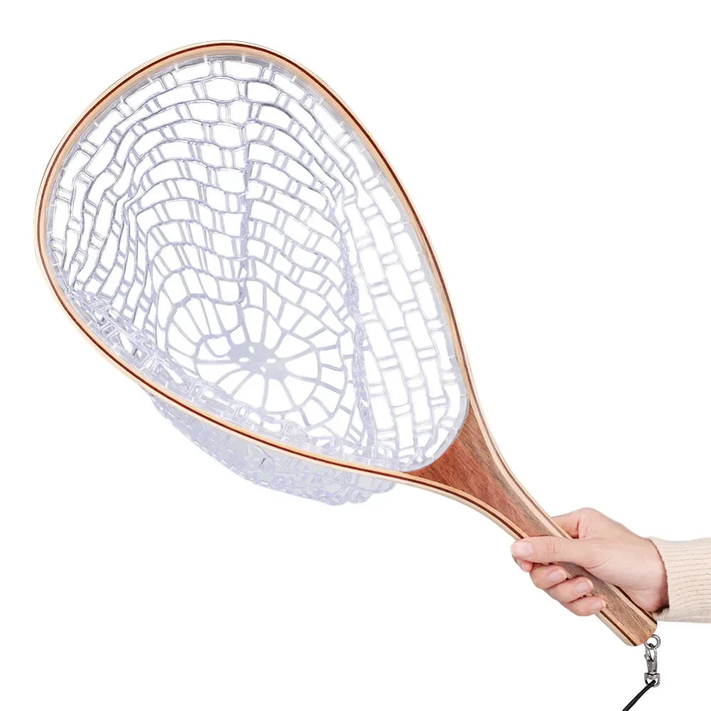 Wooden Fly Fishing Hand Nets with Clear Rubber Trout Catch and Release Net with Curve Wood Handle Tenkara Net