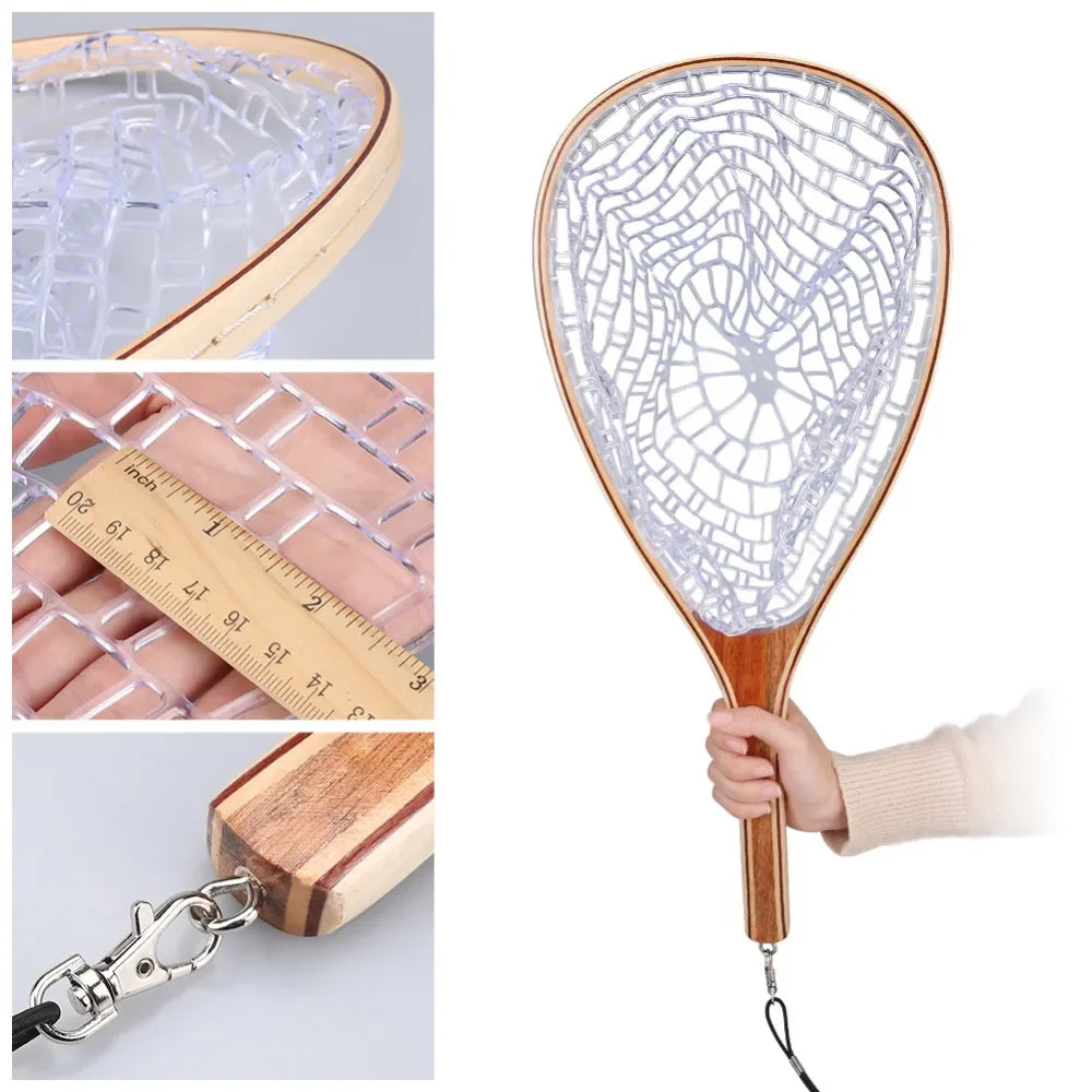Wooden Fly Fishing Hand Nets with Clear Rubber Trout Catch and Release Net with Curve Wood Handle Tenkara Net