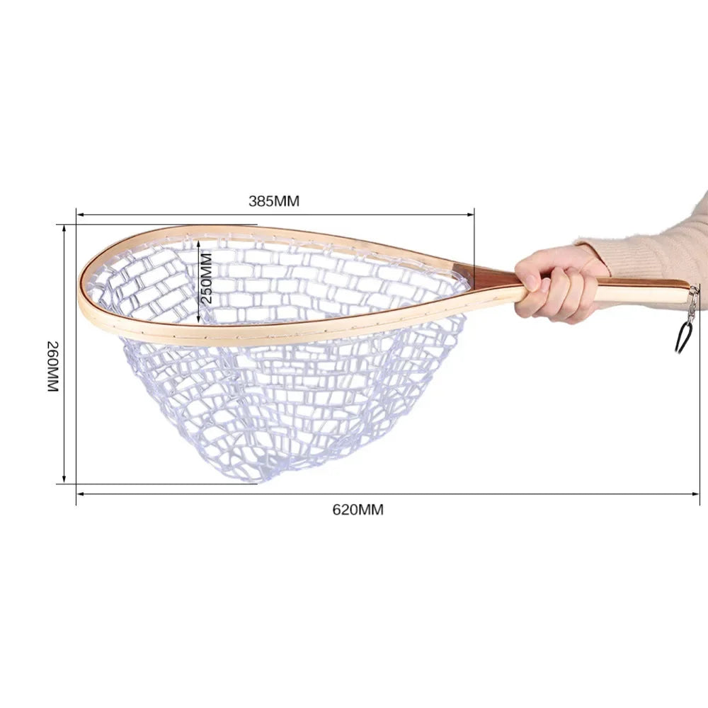 Wooden Fly Fishing Hand Nets with Clear Rubber Trout Catch and Release Net with Curve Wood Handle Tenkara Net