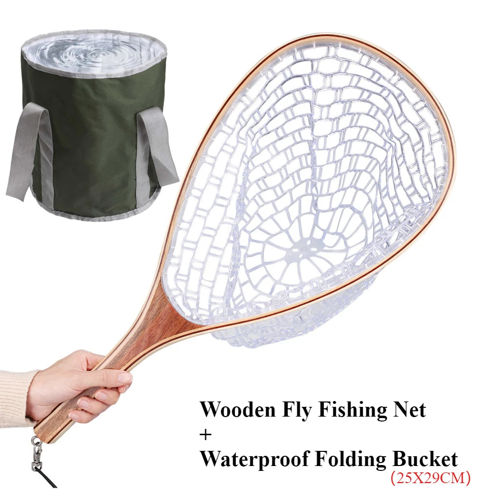 Wooden Fly Fishing Hand Nets with Clear Rubber Trout Catch and Release Net with Curve Wood Handle Tenkara Net