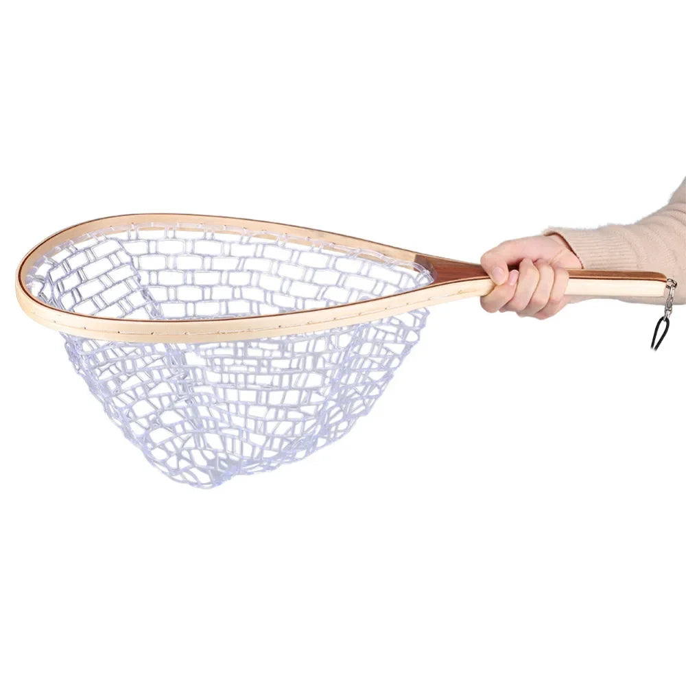 Wooden Fly Fishing Hand Nets with Clear Rubber Trout Catch and Release Net with Curve Wood Handle Tenkara Net