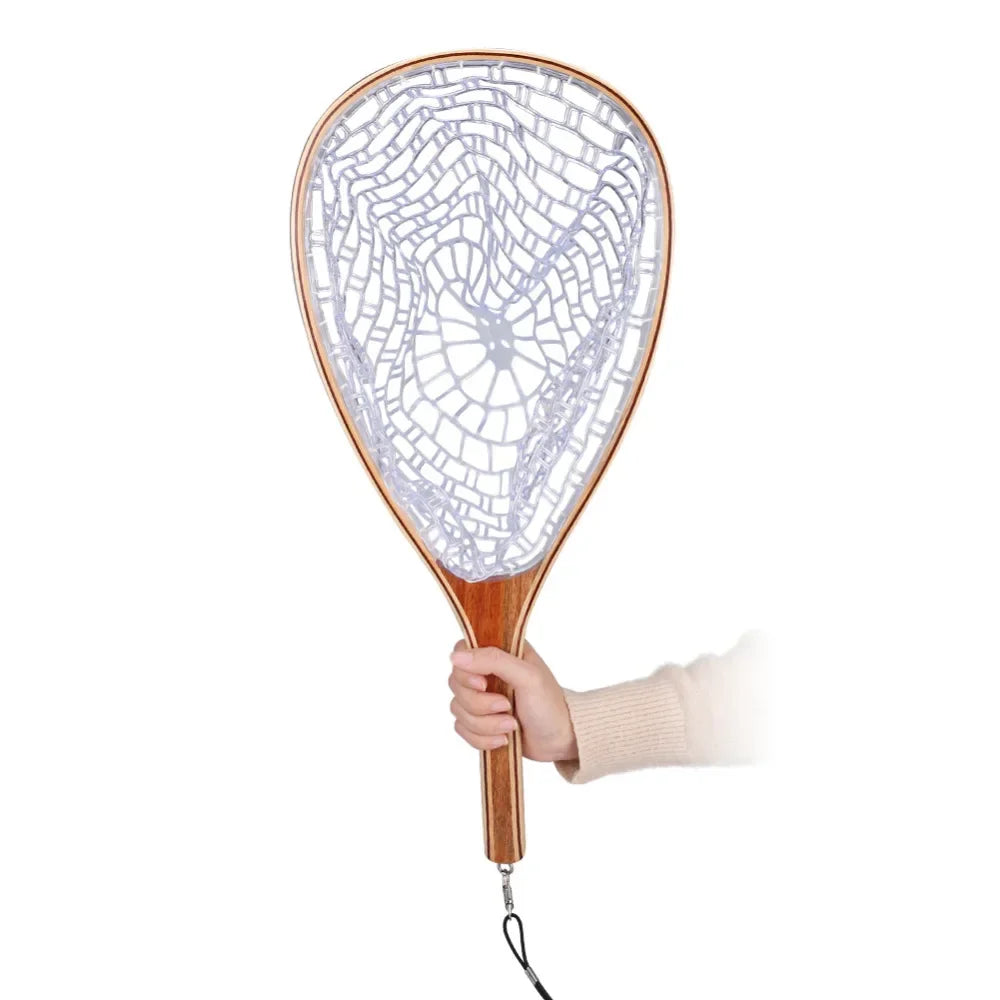 Wooden Fly Fishing Hand Nets with Clear Rubber Trout Catch and Release Net with Curve Wood Handle Tenkara Net