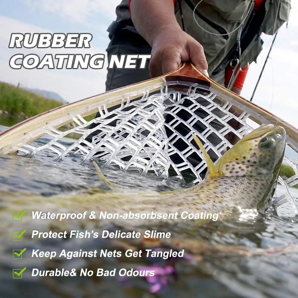 Wooden Fly Fishing Hand Nets with Clear Rubber Trout Catch and Release Net with Curve Wood Handle Tenkara Net