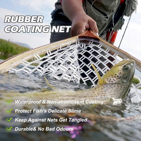 Wooden Fly Fishing Hand Nets with Clear Rubber Trout Catch and Release Net with Curve Wood Handle Tenkara Net