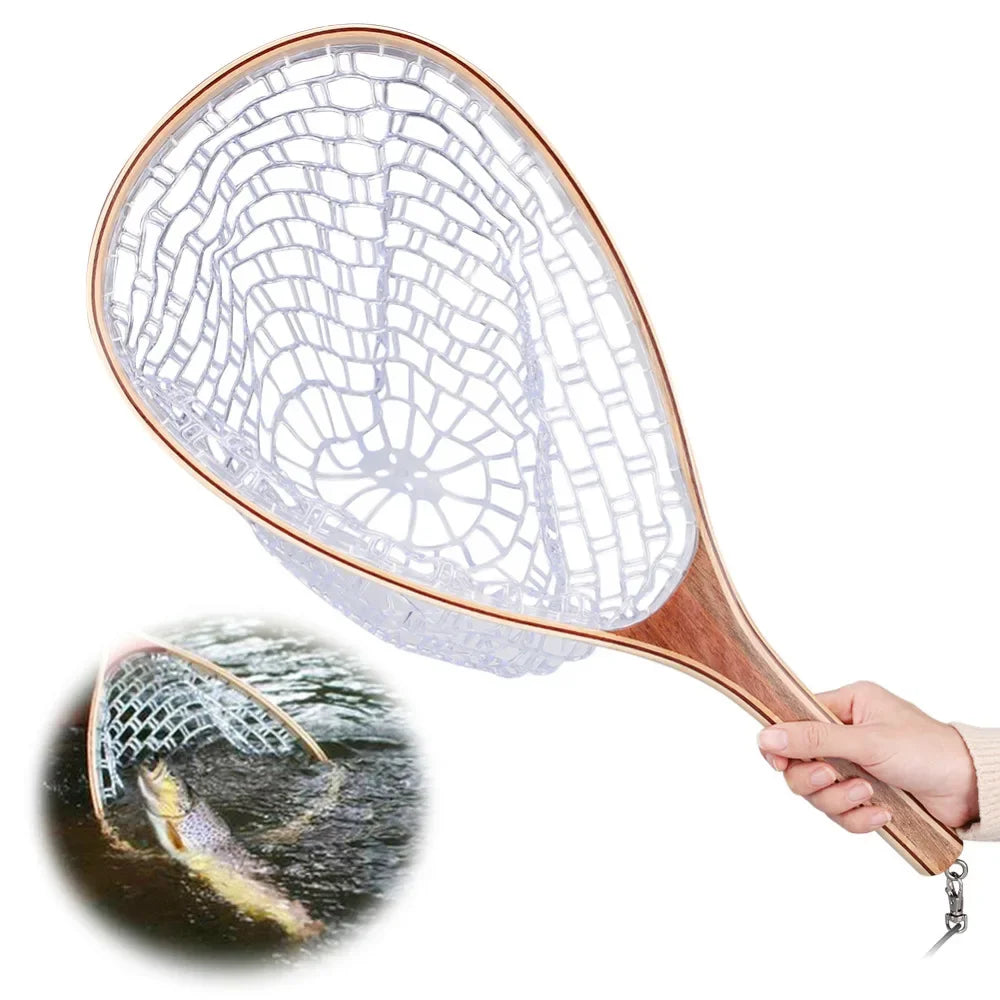 Wooden Fly Fishing Hand Nets with Clear Rubber Trout Catch and Release Net with Curve Wood Handle Tenkara Net