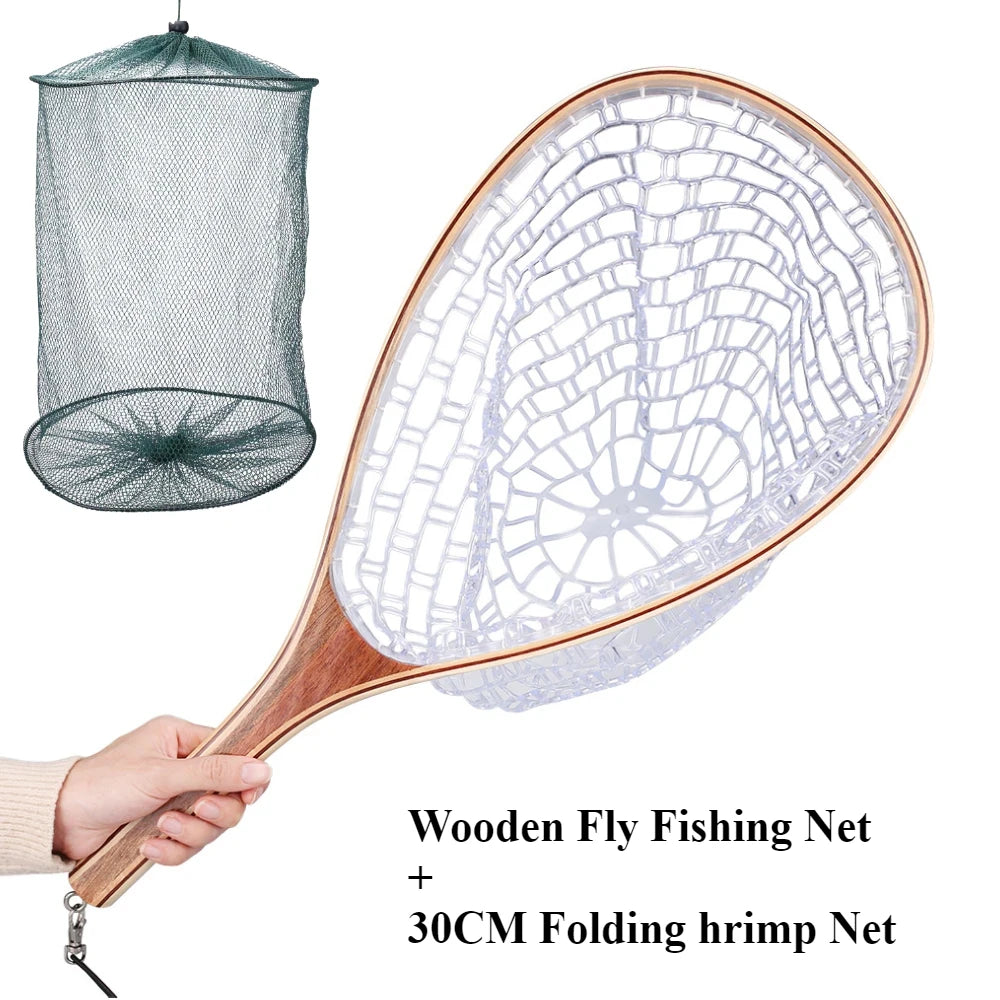 Wooden Fly Fishing Hand Nets with Clear Rubber Trout Catch and Release Net with Curve Wood Handle Tenkara Net