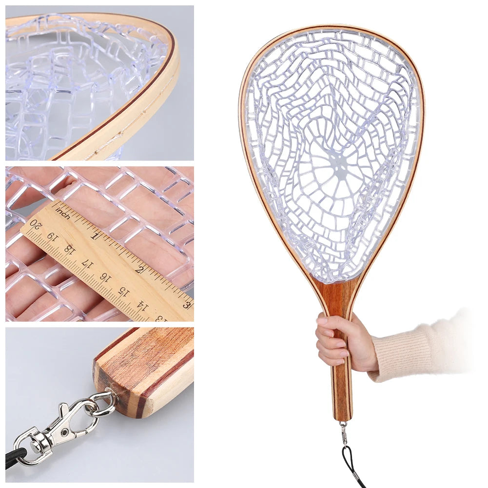 Wooden Fly Fishing Hand Nets with Clear Rubber Trout Catch and Release Net with Curve Wood Handle Tenkara Net
