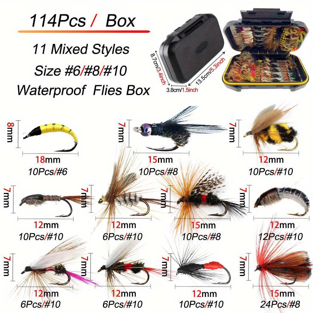 24/33/40/65/76/100/114pcs Fly Fishing Flies Kit, Handmade Fly Fishing Gear With Dry/Wet Flies, Streamers, Fly Assortment Trout Bass Fishing With Fly Box
