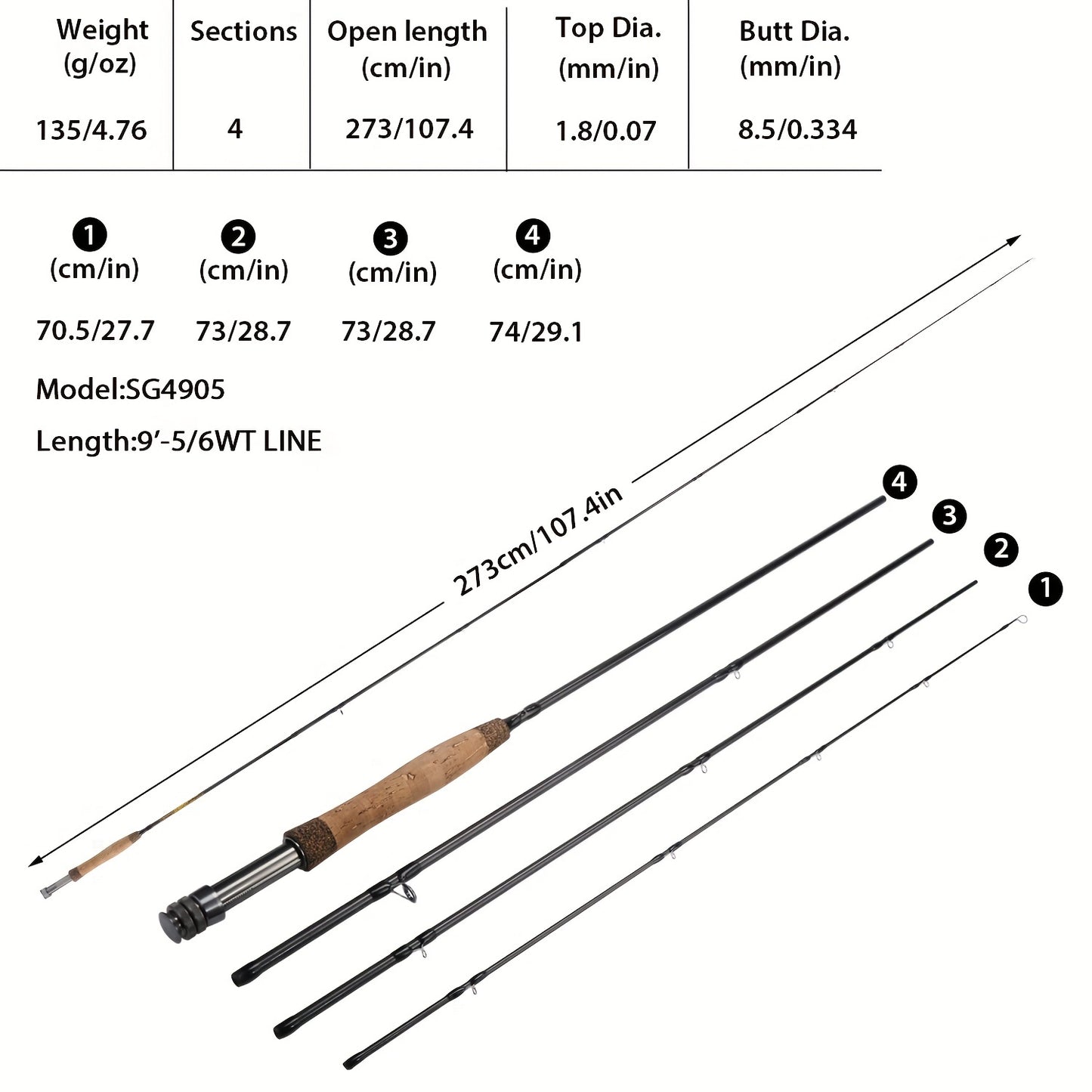 Sougayilang 5/6WT Graphite Fly Fishing Rod - Ultra-Lightweight & Portable 4-Piece Design - Ideal Starter Kit for Anglers On-The-Go