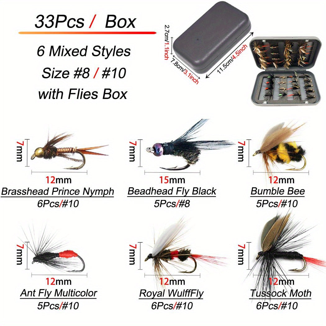 24/33/40/65/76/100/114pcs Fly Fishing Flies Kit, Handmade Fly Fishing Gear With Dry/Wet Flies, Streamers, Fly Assortment Trout Bass Fishing With Fly Box